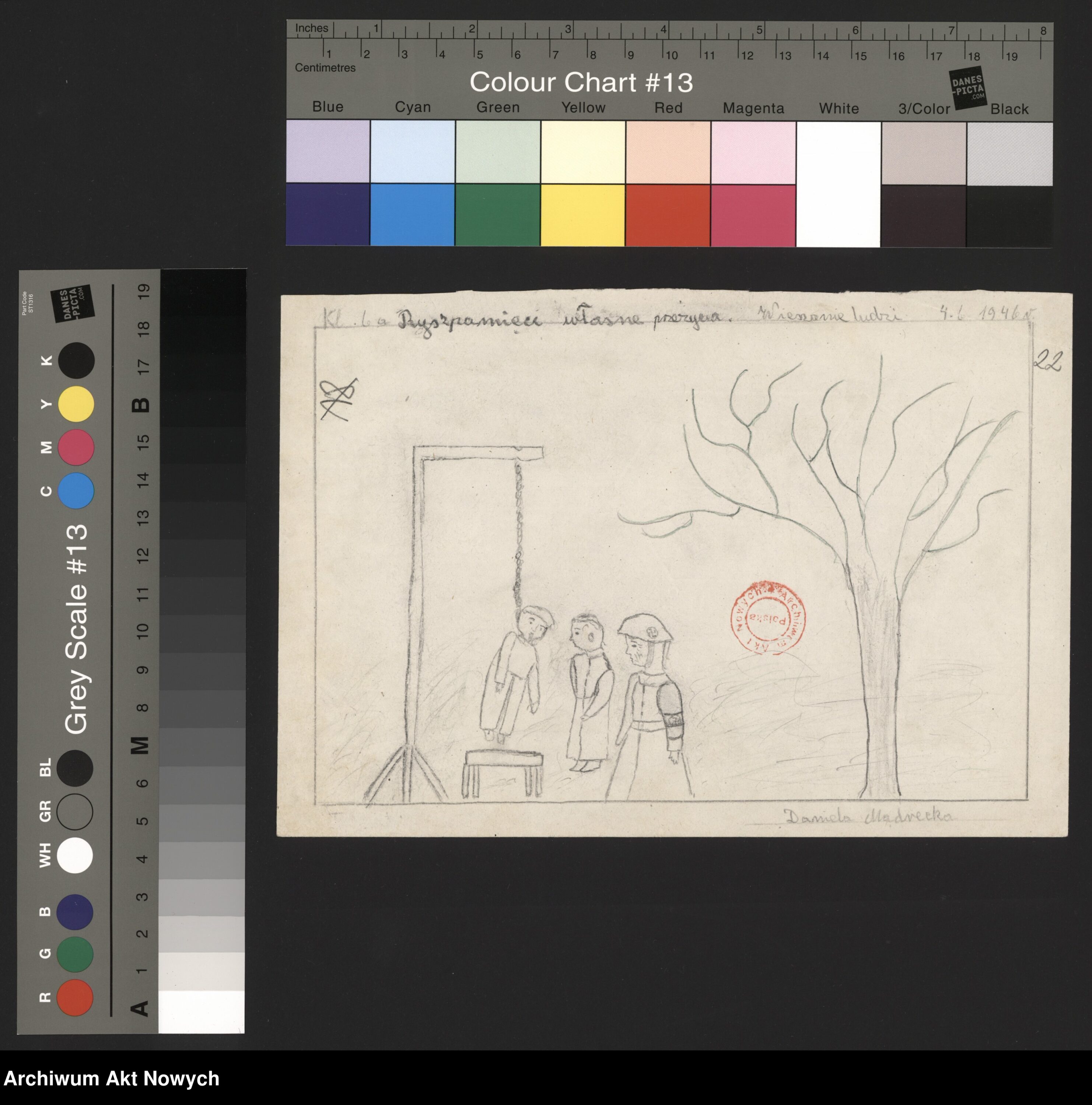 Rysunek dziewczynki, Danieli Madreckiej, która przeżyła niemiecką okupację. Źródło: Archiwum Akt Nowych. Sygnatura rysunku:2/283/0/2.22/1837