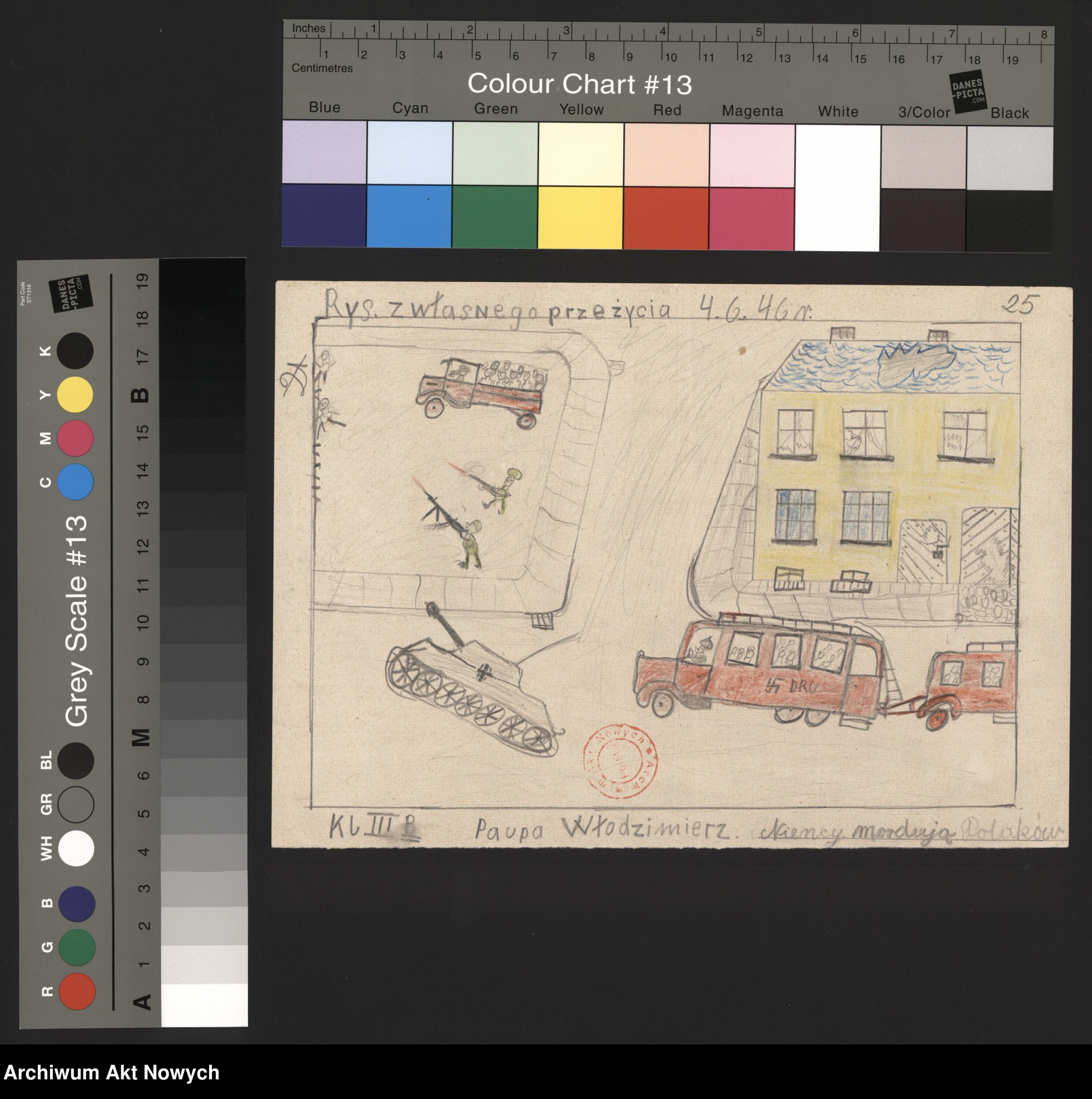 Rysunek Włodzimierza Paupa, chłopca, który przeżył niemiecką okupację. Źródło: Archiwum Akt Nowych. Sygnatura rysunku: 2/283/0/2.22/1837