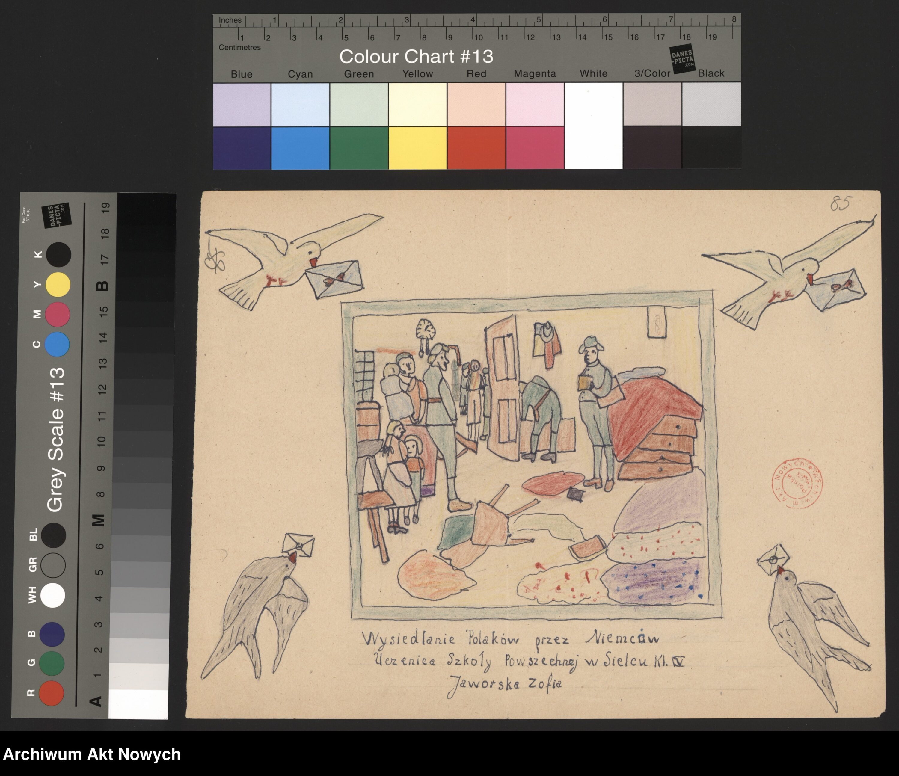 Rysunek Zofii Jaworskiej, dziewczynki, która przeżyła niemiecką okupację. Źródło: Archiwum Akt Nowych Sygnatura rysunku: 2/283/0/2.22/1837