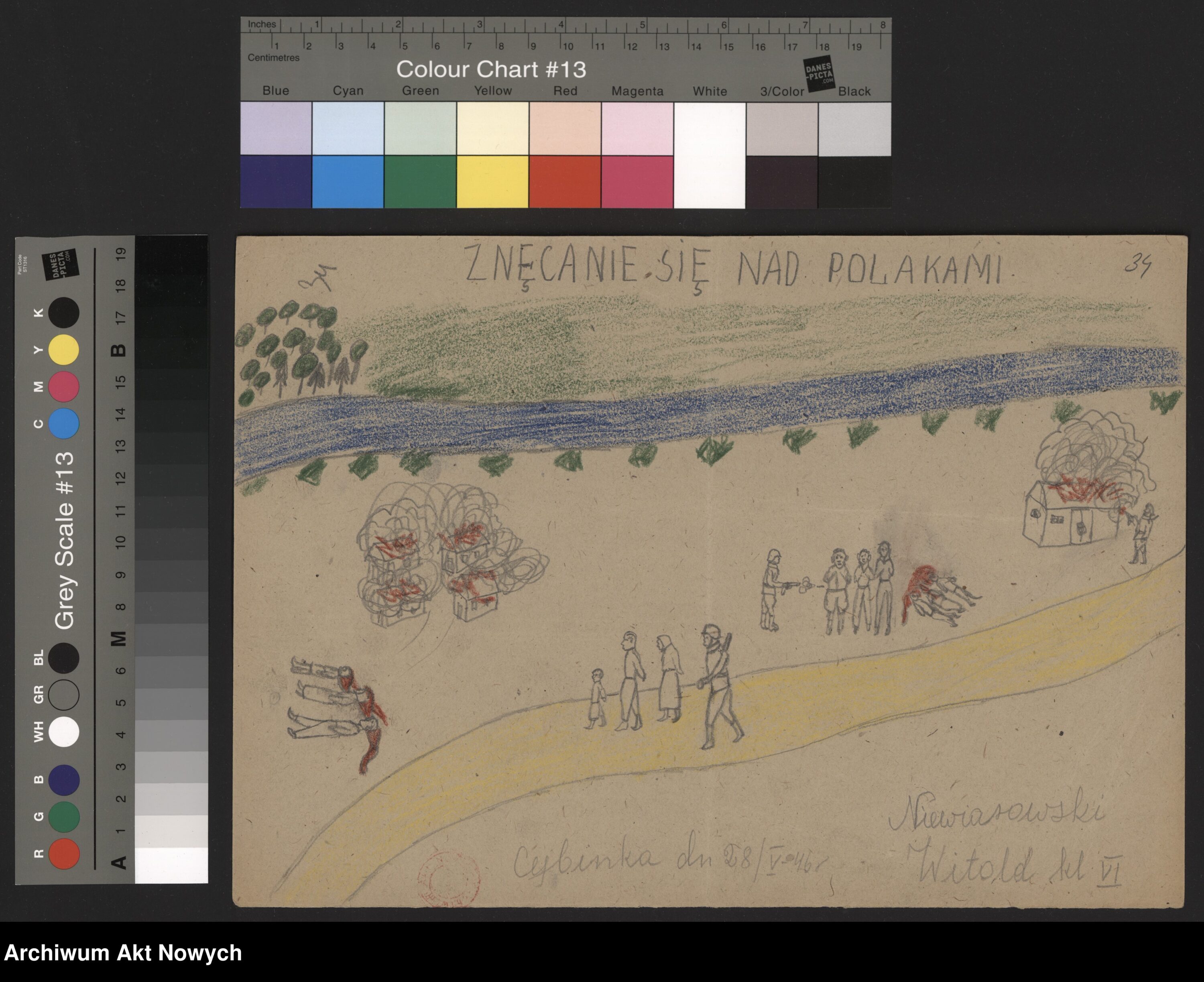 Rysunek Witolda Niewiarowski? chłopca, który przeżył niemiecką okupację. Źródło: Archiwum Akt Nowych. Sygnatura rysunku:2/283/0/2.22/1864