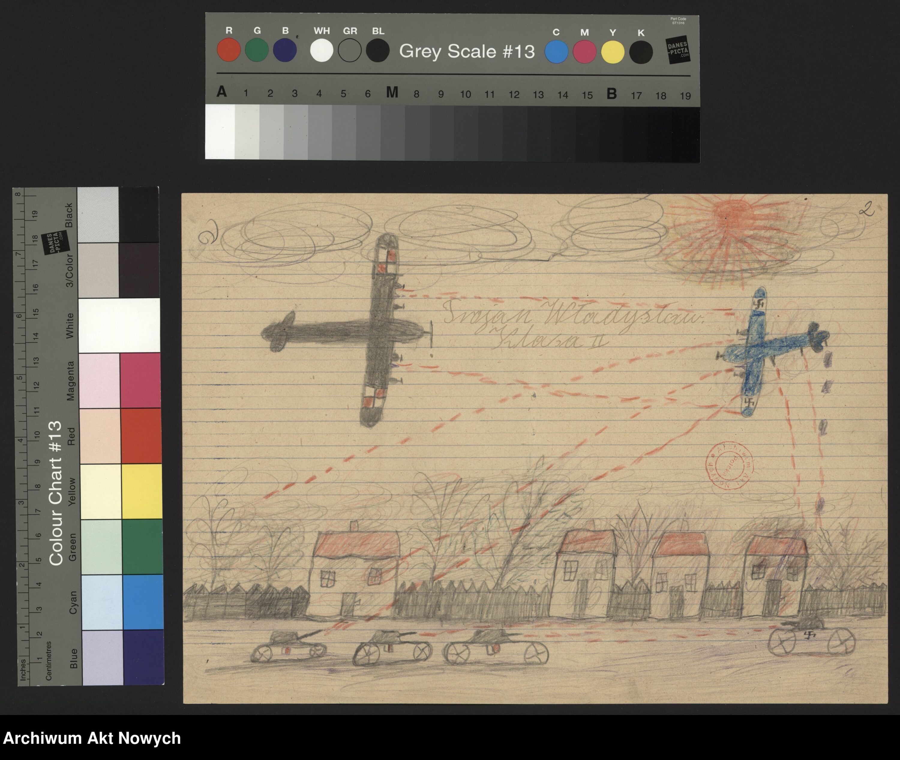 Rysunek Władysława Trojana, chłopca, który przeżył niemiecką okupację. Źródło: Archiwum Akt Nowych. Sygnatura rysunku:2/283/0/2.22/1840