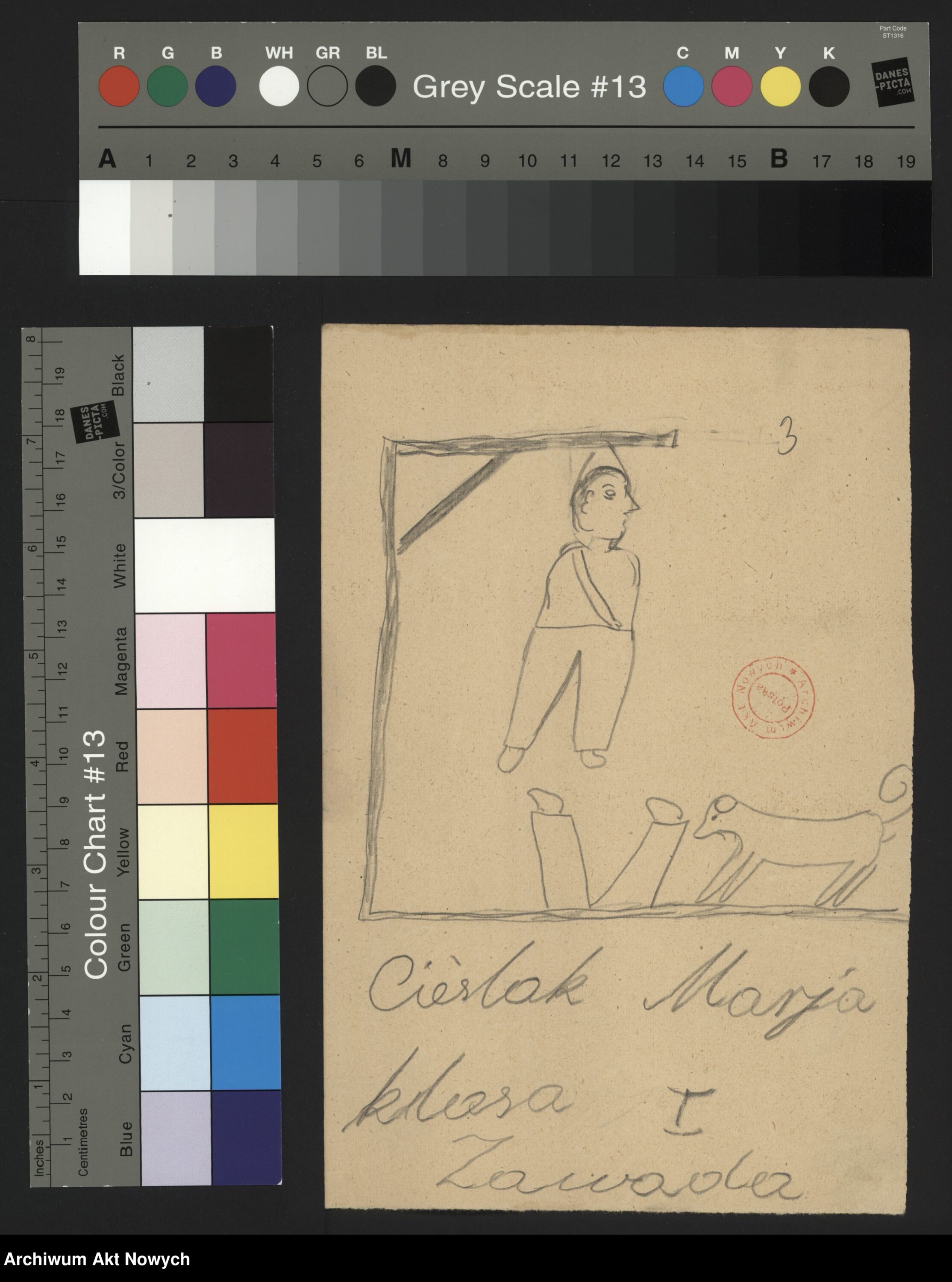 Rysunek Marii Cieślak, dziewczynki która przeżyła niemiecką okupację. Źródło: Archiwum Akt Nowych. Sygnatura rysunku:2/283/0/2.22/1840