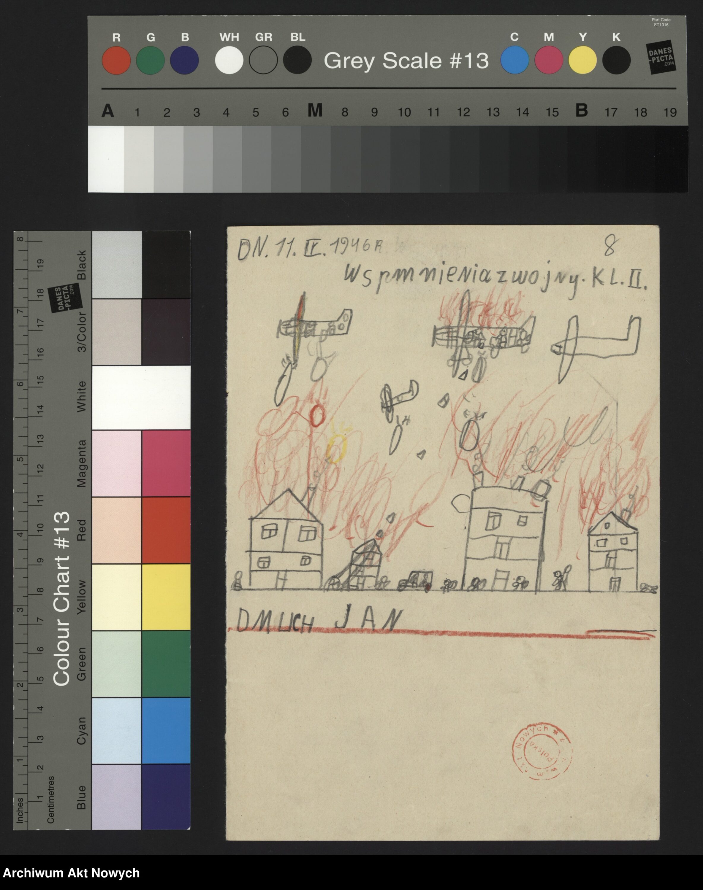 Rysunek Jana Dmuch, chłopca, który przeżył niemiecką okupację. Źródło: Archiwum Akt Nowych. Sygnatura rysunku: 2/283/0/2.22/1840