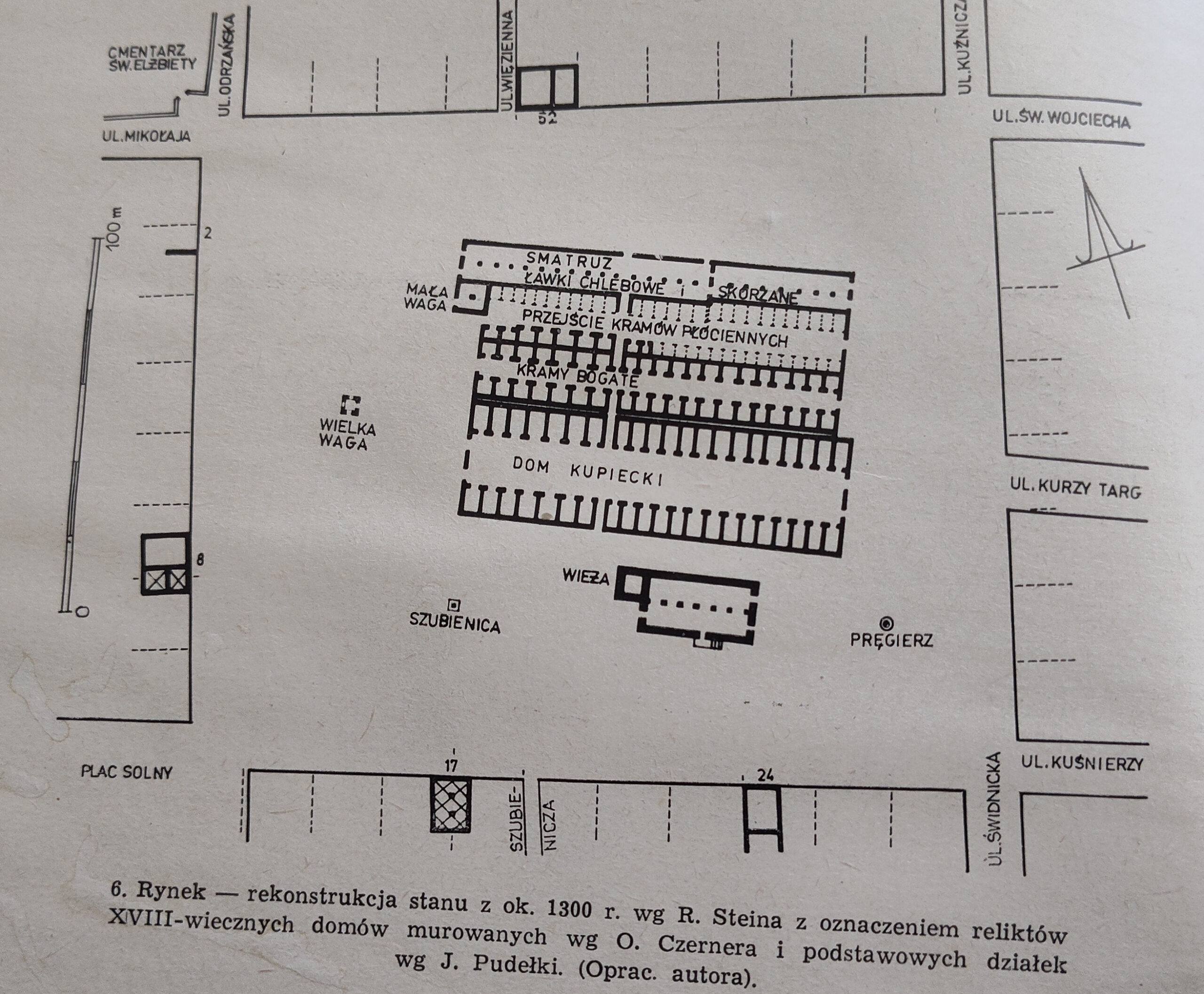 Rynek - rekonstrukcja stanu z ok. 1300 r. wg R. Steina z oznaczeniem reliktów XVIII - wiecznych domów murowanych wg O. Czernera i podstawowych działek wg J. Pudełki. Źródło: E. Małachowicz. Stare miasto we Wrocławiu