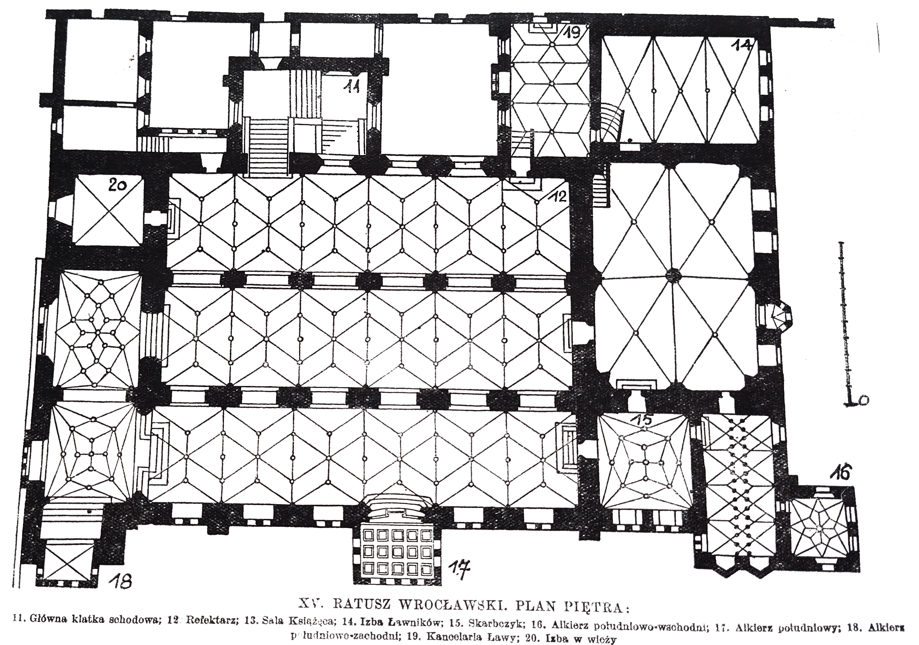 XV Ratusz wrocławski. Plan piętra. Źródło: M. Zlat, Ratusz wrocławski.