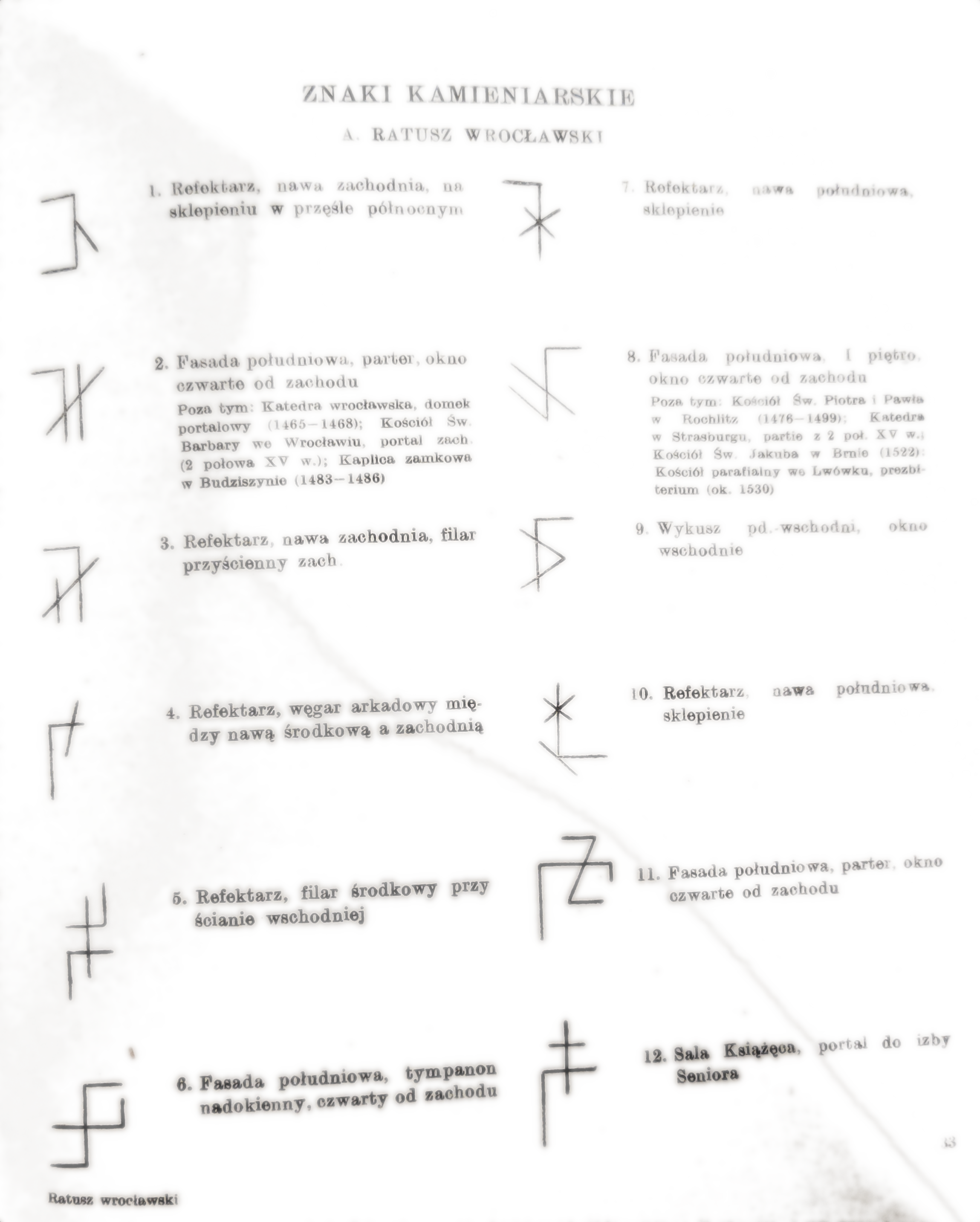 Przykładowe znaki kamieniarskie. Źródło: M. Zlat, Ratusz wrocławski.